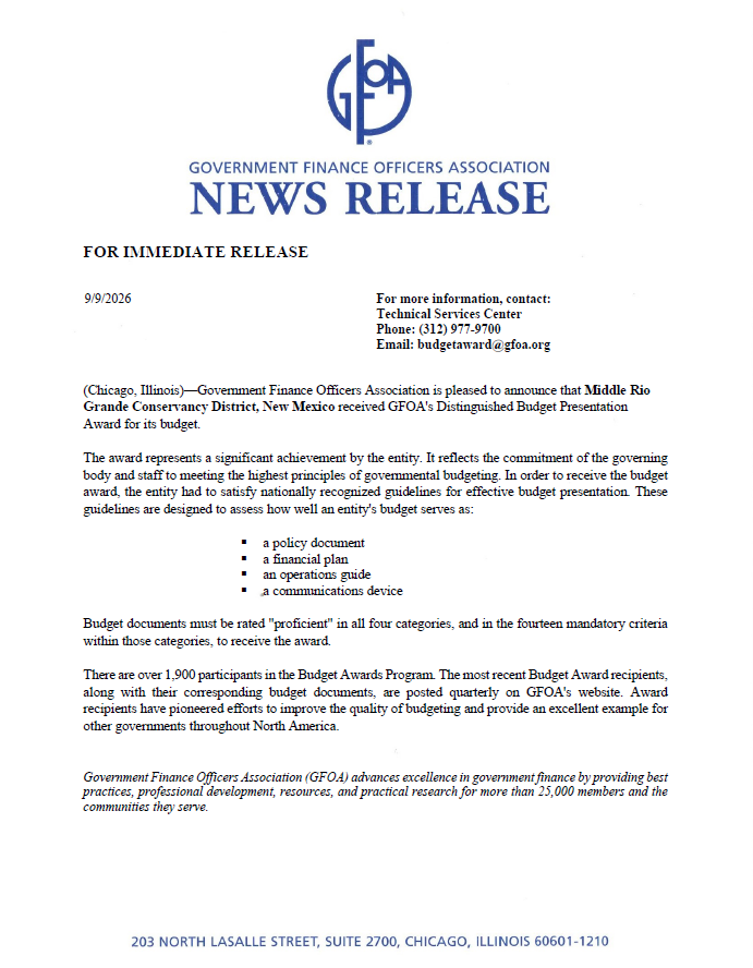 MRGCD Receives Distinguished Budget Award