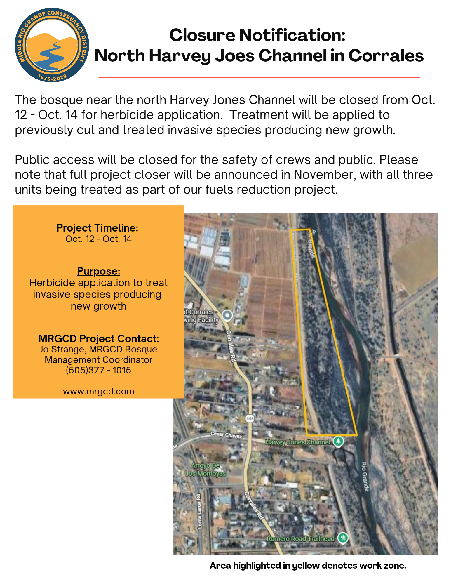 Closure Notification: North Harvey Joes Channel in Corrales